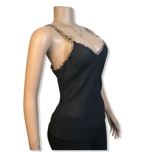 Black Cami Top Black Sheer V neck animal print trimmed bows Detailing size M - Picture 6 of 8